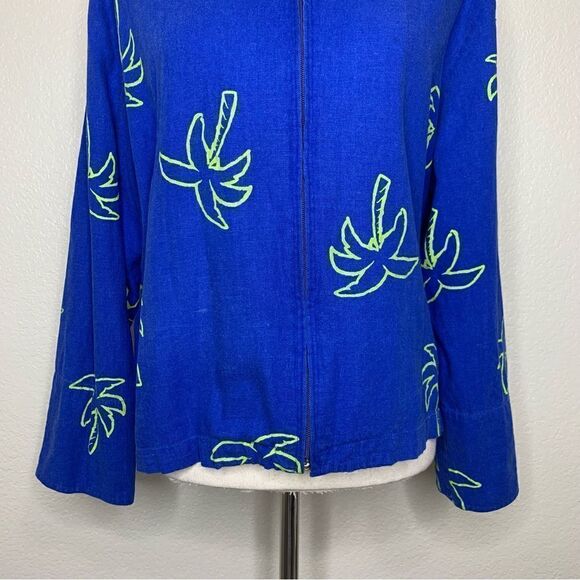 Erin London Linen Blend Vintage Blue Palm Trees Zip Up Hoodie Jacket - Picture 4 of 13